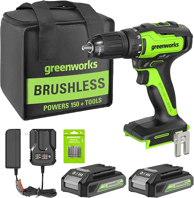 Greenworks 24V Brushless Cordless Drill Kit, 310 in./lbs, 18+1 Position Clutch, 1/2 '' Keyless Chuck, Variable Speed, (2)2Ah Batteries with 2A Charger, LED Light, 8pcs Drill Bits with Tool Bag