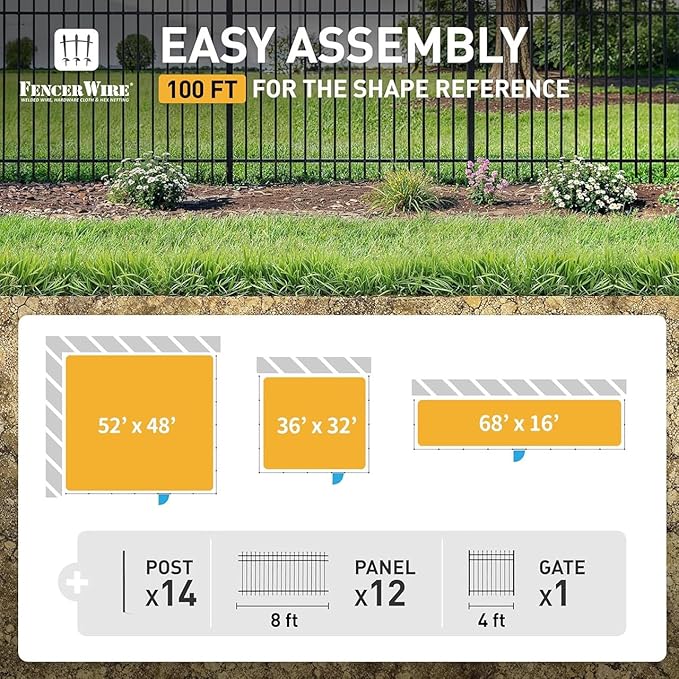 Fencer Wire 100FT Heavy Duty Anti-Rust Pinnacle Fence Barrier Kit, Metal Steel Fence w/ 5FT Height & 8FT Width Panels, Gate, Posts, and Connectors, 2” Diameter Outdoor Fencing for Yard, Pool, Patio