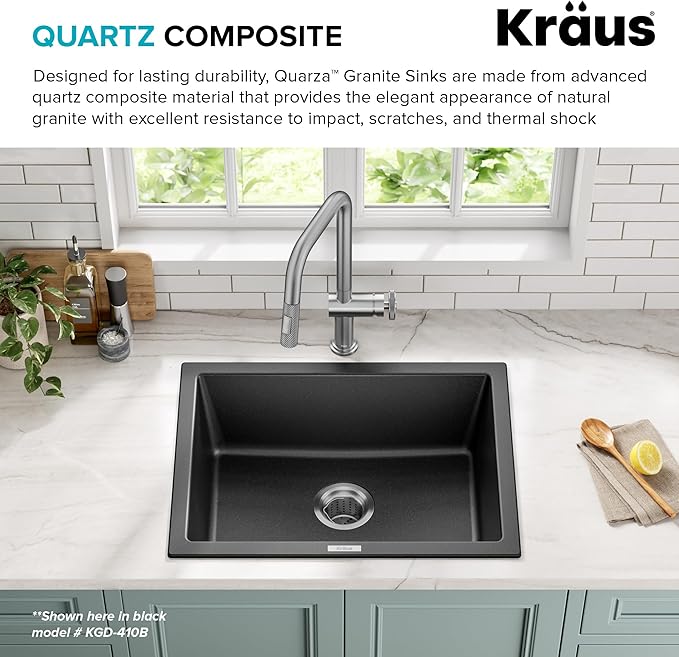 KRAUS Quarza 24-inch Granite Drop-In/Undermount Single Bowl White Kitchen Sink, KGD-410BWHITE