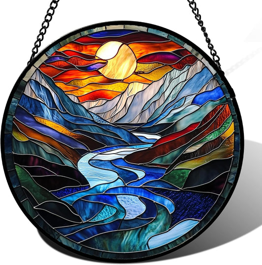 Stained Glass Window Hanging, Canyon Mountains Sunset View Sun Catcher for Window Home Decor Landscape Suncatcher Mother's Day Birthday Gifts for Women Men Mom and Nana 11.8 in