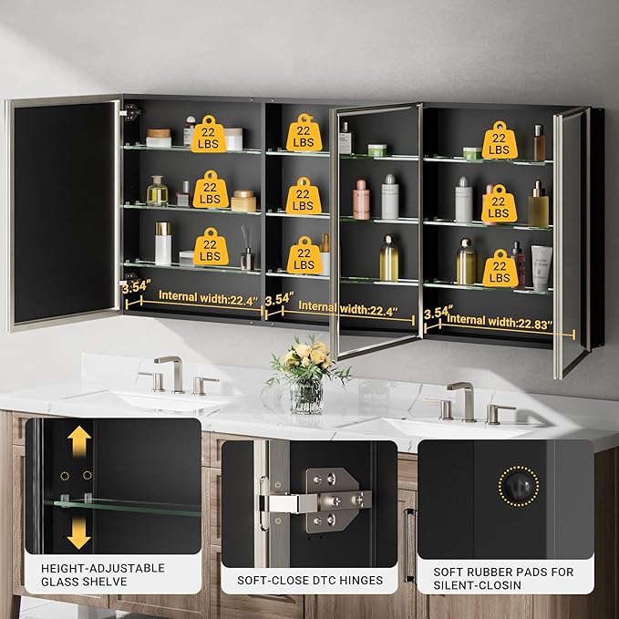 72x30 Brushed Nickel Medicine Cabinet, Recessed or Surface Large Framed Medicine Cabinet with 3 Beveled Mirror Door & Adjustable Shelves, Shatterproof, Pre-Assembled Bathroom Storage Cabinet