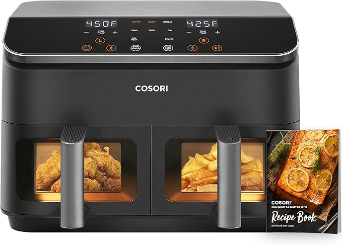 COSORI 9Qt 8-in-1 Dual Air Fryer, Multi-dish Cooking at Once for Family and Couple with Double Baskets, Bake, Roast, Reheat, Broil, Dry & 130 Recipes for Easy and Crispy Meals, Dishwasher Safe