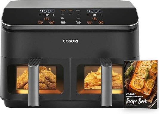 COSORI 9Qt 8-in-1 Dual Air Fryer, Multi-dish Cooking at Once for Family and Couple with Double Baskets, Bake, Roast, Reheat, Broil, Dry & 130 Recipes for Easy and Crispy Meals, Dishwasher Safe