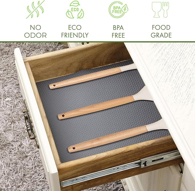 EVALAND 17.7 INCHES x 33 FEET (394 Inches) Non-Slip Shelf Liner, EVA Kitchen Liner, Non-Adhesive Liner, Smooth Drawer Liner, Durable Strong Grip Liner, Stain-Proof Shelf, Cabinet Liner, Grey