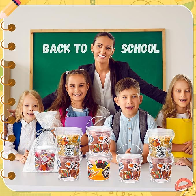 PerKoop 20 Pcs 32 oz Ice Cream Buckets with Lids and Handles Cocktail Rum Buckets for Drinks with 180 Back to School Stickers Clear Plastic Bucket Reusable Food Storage Containers for Parties