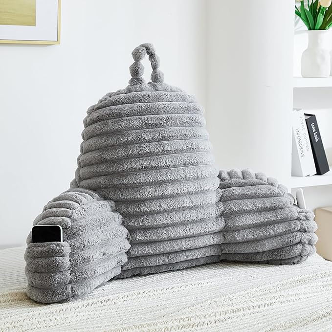 Faux Fur Fluffy Gray Reading Pillow with Pockets, Luxury Striped Plush Decorative, Arm Rests and Back Surport for Bed Rest, Lounging on sofa, Standard