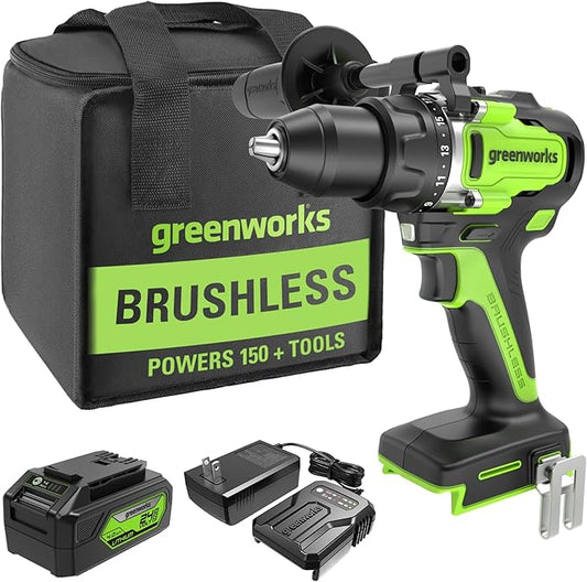 Greenworks 24V Cordless Brushless 1/2" Drill Driver (Metal Chuck /800 in.-lbs. /21 Clutch Position/LED Light), 4Ah USB (Power Bank) Battery and Fast Charger Included