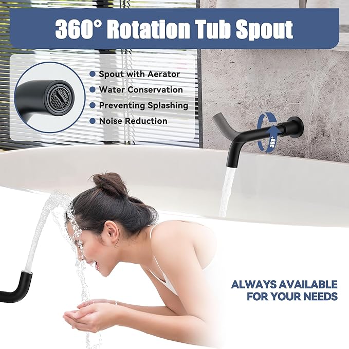 CASAINC Shower Faucets Sets Complete, 10" Round 3 Functions Rain Shower Head with Handheld Spray and Bathtub Spout Wall Mounted Shower System (Matte Black)
