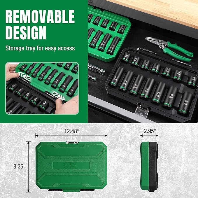 SK 1/2" Drive Impact Socket Set, 30-Piece Metric Sockets, Deep 10mm to 24mm, Shallow 8mm to 24mm, Premium CR-MO Steel, SureGrip 6 Point Design, With Storage Case