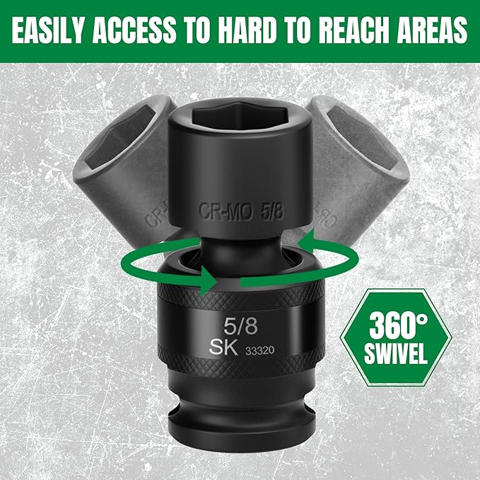 SK 3/8" Drive Universal Swivel Impact Socket Set, SAE Socket Set, 8-Piece, Premium CR-MO Steel, SureGrip 6 Point Design, with Storage Case