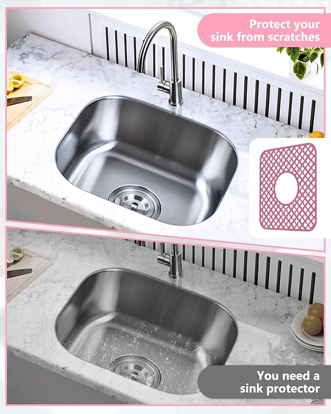 2 Pack Silicone Sink Protector for Kitchen Sink, Lozenge Pattern 12 x 11" Sink Grid Mat Silicone Protectors, Center Drain, Pink