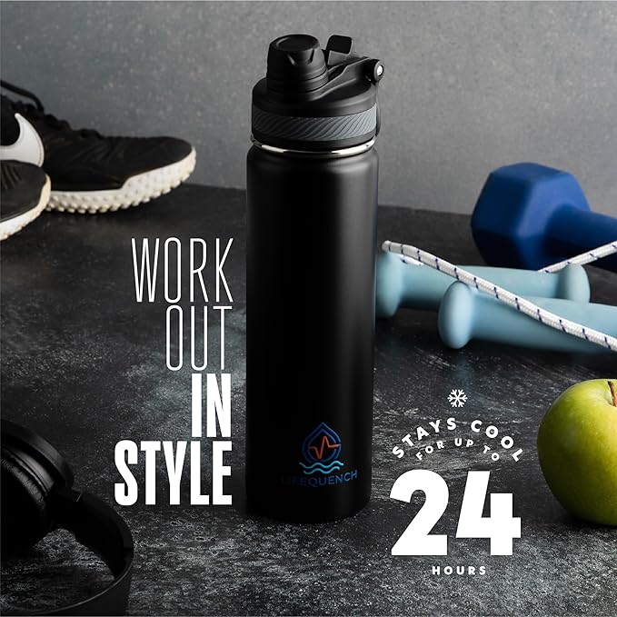 Insulated Water Bottle with Straw and Handle 22 oz-Stainless Steel Water Bottles with Straw, Dual Cap Function & Sleeve, Keeps Drinks Hot Up to 12 Hours & Cold Up to 24 Hours (Black)