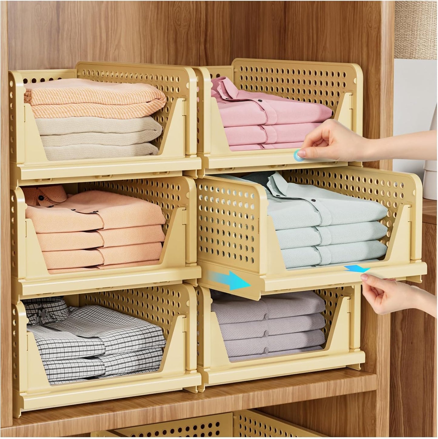 SNSLXH 5 Pack Stackable Closet Organizer Box, Multifunctional & Foldable Closet Storage Basket for Bathroom Kitchen Laundry Room Wardrobe Storage, Space-Saving Clothes Storage Drawer Organizer, Yellow