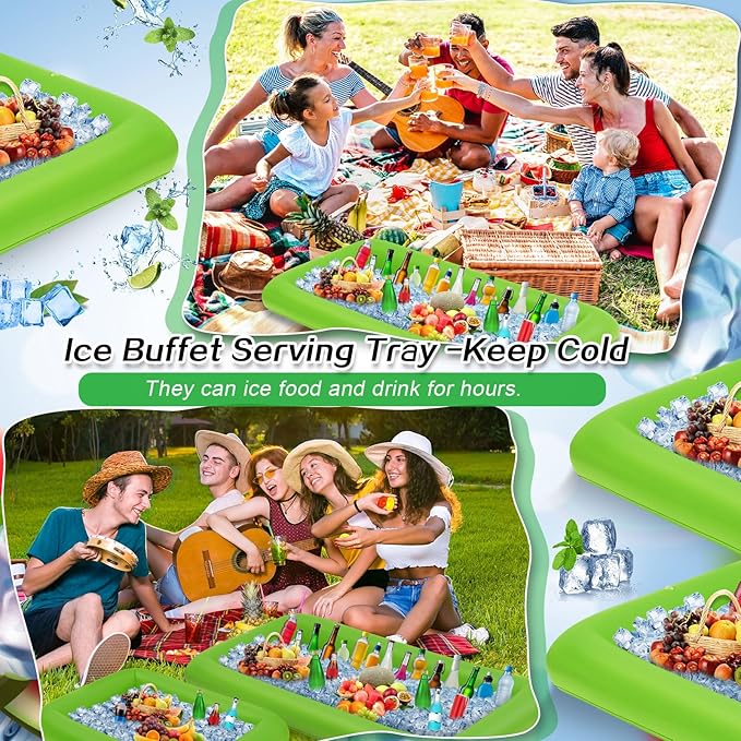 Leitee 4 Pcs Inflatable Ice Serving Bars Buffet Serving Tray Drink Cooler for Pool Party Inflatable Ice Tray Floating Food Drink Containers with Drain Plug and a Hand Pump, 2 Sizes (Green)