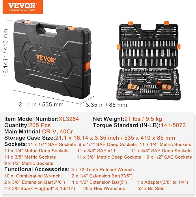 VEVOR Mechanics Tool Set, 205 Pcs SAE and Metric Sockets, 1/4" 3/8" 1/2" Drive Deep and Standard Sockets, Chrome Vanadium Steel, Polyethylene
