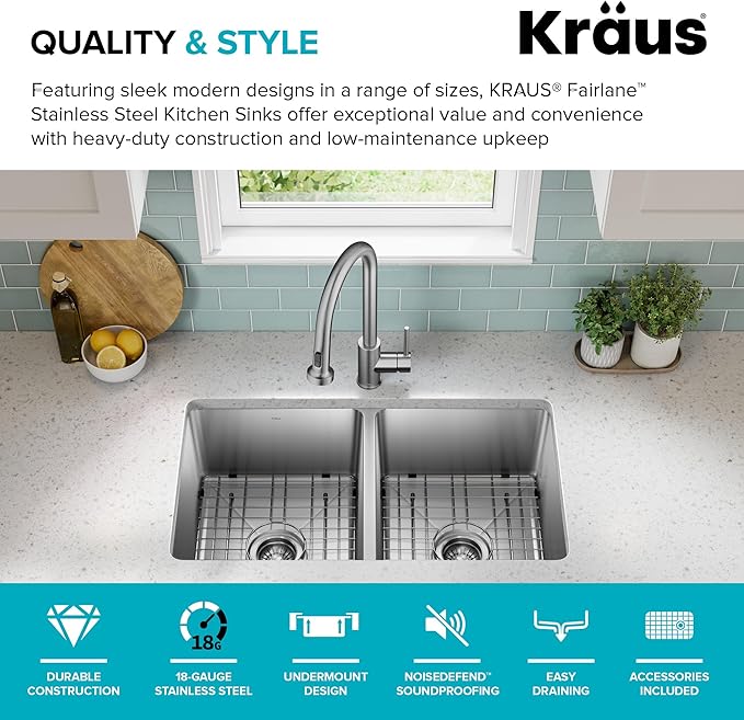 KRAUS Fairlane 33-inch Undermount Double Bowl 18-Gauge Stainless Steel Kitchen Sink, KHU632-33