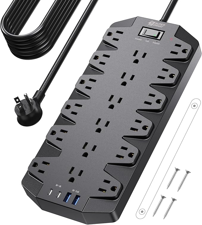 18 Widely Outlets Power Strip, SUPERDANNY Surge Protector with 4 USB Ports, 15FT Flat Plug Heavy Duty Extension Cord, 2100J, 1875W/15A, Wall Mount Holes for Home, Office, Dorm, Black