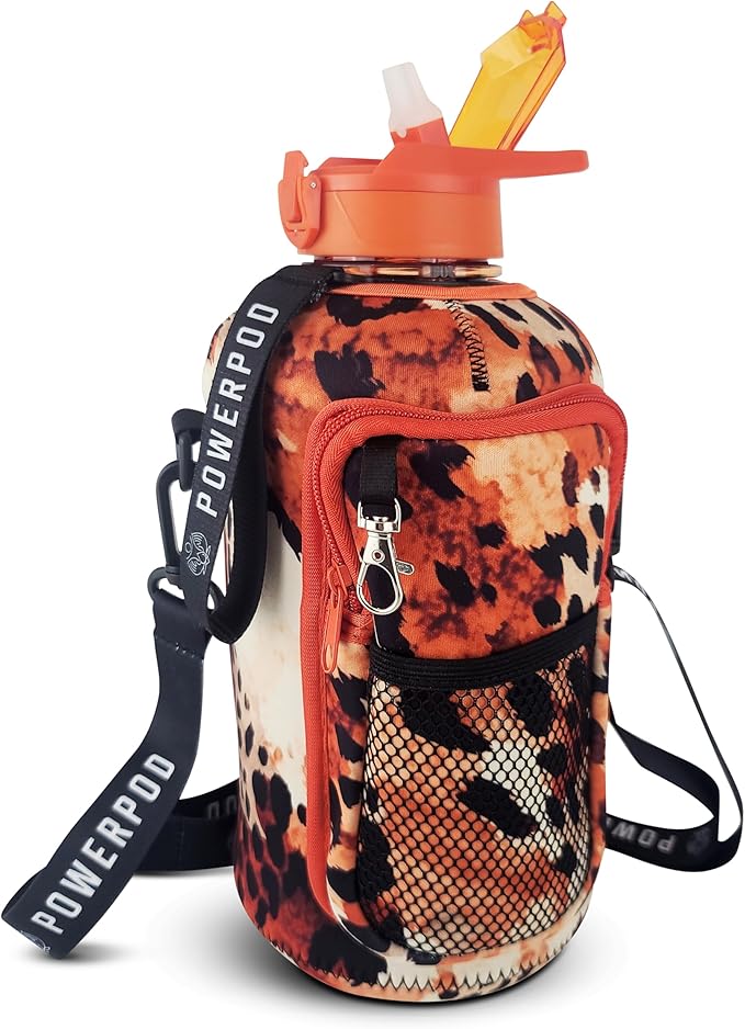 Motivational Half Gallon Water Bottle (74oz, 2.2L) Sports Water Jug + Storage Sleeve, Silicone Straw, Adjustable Carrying Strap - Reusable Water Bottle- BPA Free Water Bottle-Red Leopard