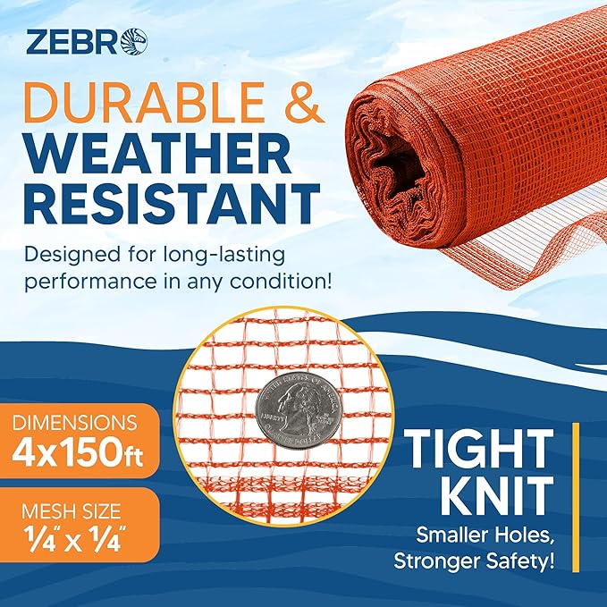 Fire Retardant Debris Safety Netting (4' x 150' - Orange) - High Visibility Construction & Scaffolding & Railing & Elevator Netting for Enhanced Safety - Construction Fencing