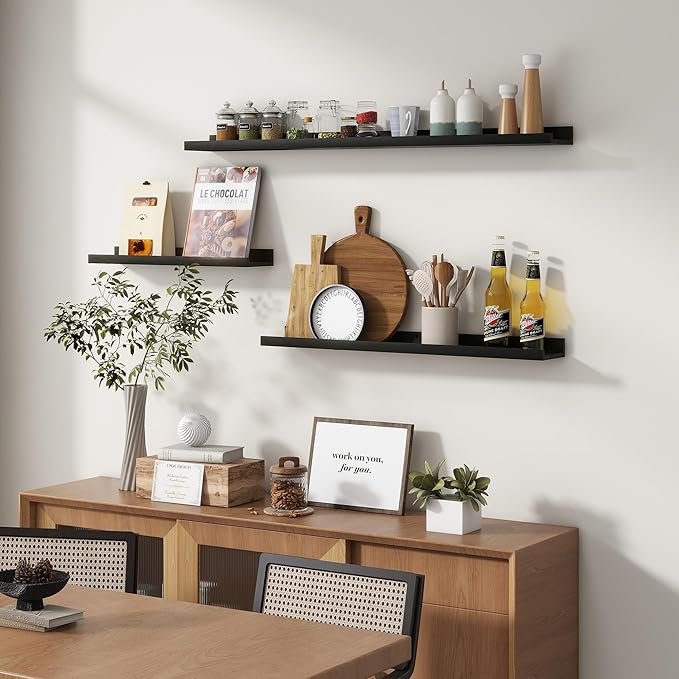 Picture Ledge Wall Shelves - 16 Inch Width Set of 3, Solid Pine Wood Rustic Floating Ledge Shelves for Kids' Room, Bedroom, Kitchen, Bathroom, Living Room, Nursery Display Decor, Black