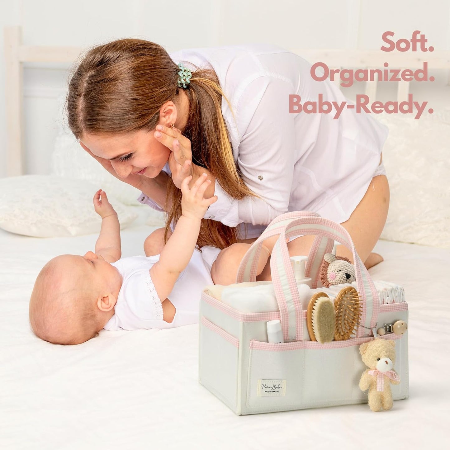 PeraBella Diaper Caddy Organizer with Handle, Baby Shower Gifts Basket Bag, Registry Search Must Haves Items, Nursery Storage Organizer for Newborn Girl Boy, Baby Bag Essentials, Car Diaper Caddy Cart