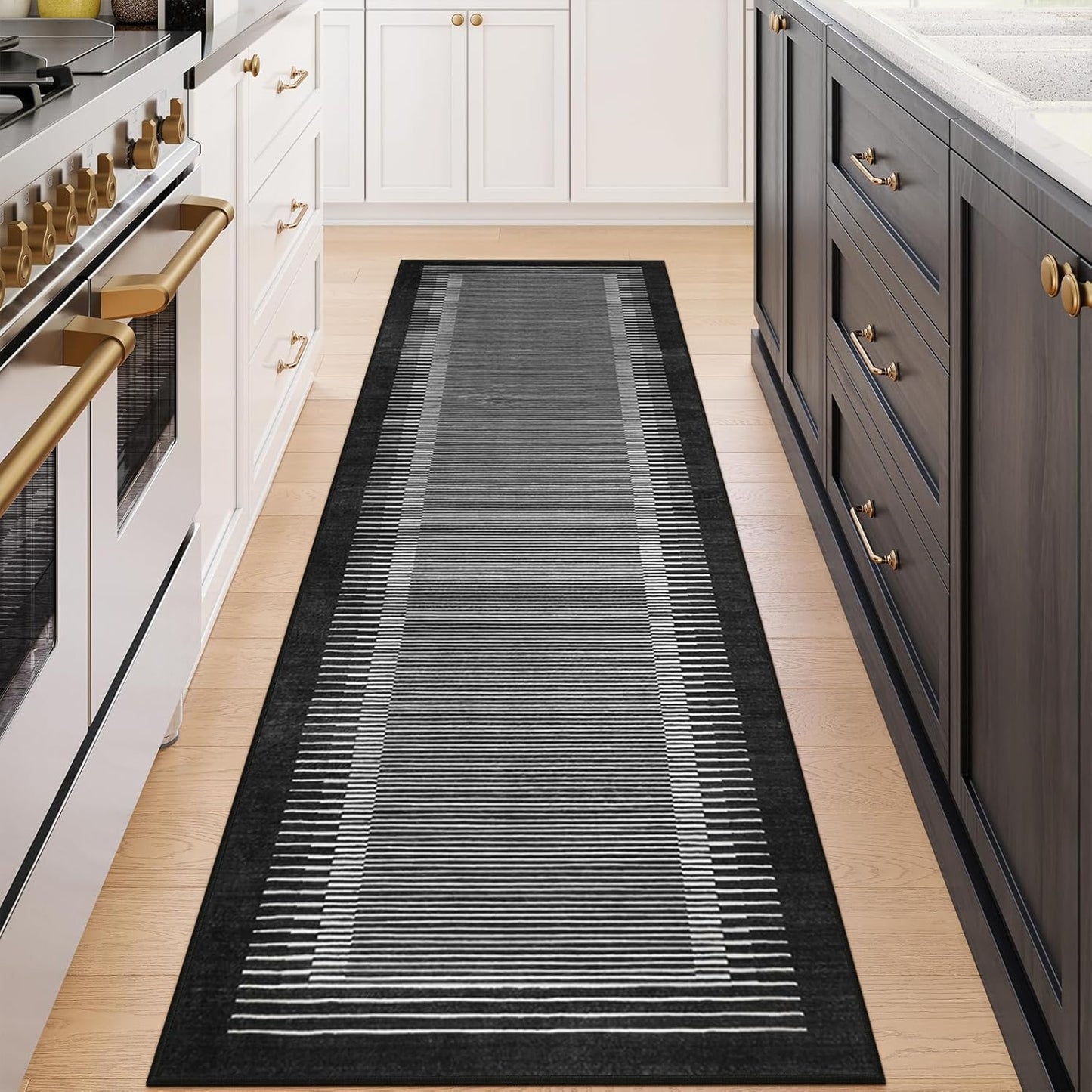 Wonnitar Washable Striped Black Runner Rug for Hallway 2'6"x8', Non-Slip Kitchen Runner Rug, Low Pile Minimalist Soft Rug Runner for Bedroom Hallway Bathroom Laundry Entryway (Black, 2'6" x 8')