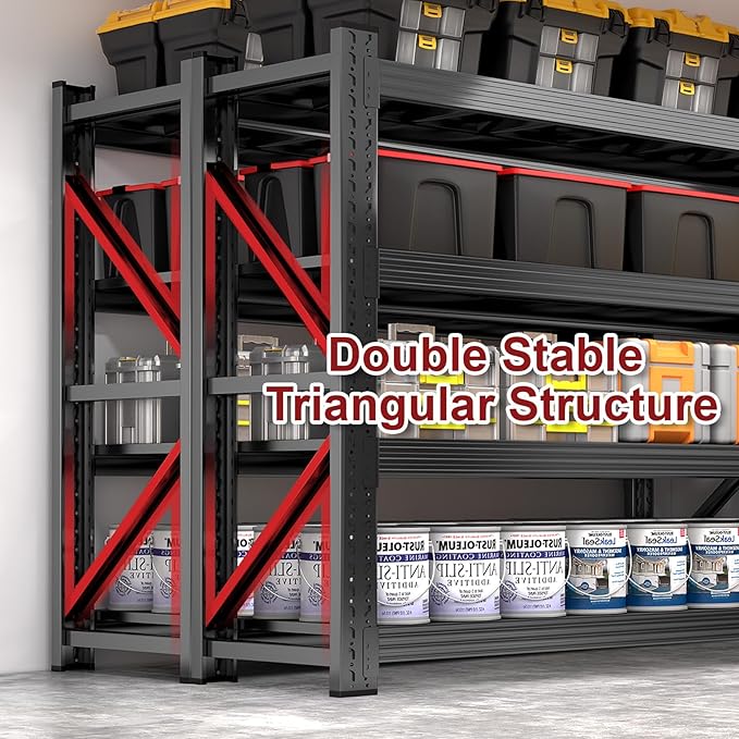 63” W 3000LBS Storage Shelves 4 Tier Garage Shelving, Heavy Duty Adjustable Metal Shelves Unit, Easy Assembly Stable Shelving for Industrial, Warehouse, Basement, 63"W x 24"D x 63"H, Black