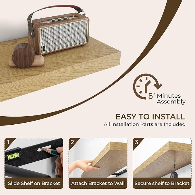 RICHFOCUS 16Inch Floating Shelves for Wall 2 Pack Shelves for Bedroom|Kitchen|Bathroom Wall Mounted Rustic Wood Floating Shelf with Invisible Brackets for Books|Storage|Decor, Oak