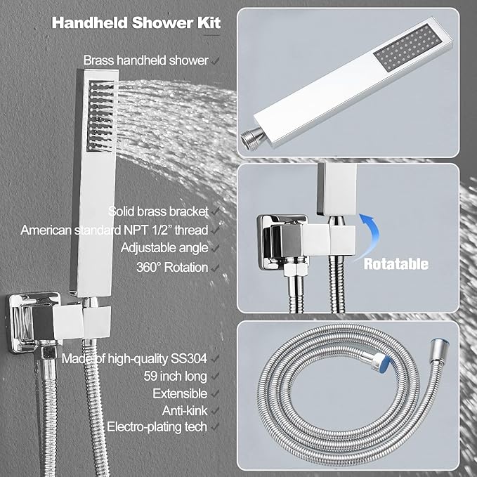 Shower Faucet Set with Body Jets 10 Inch Polished Chrome Shower Head Handheld Shower Combo Set High Pressure Wall Mount with Rough-in Valve, Polished Chrome