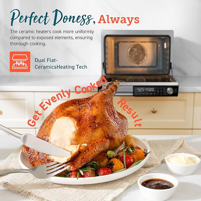 COSORI Ceramic Air Fryer Toaster Oven Combo, 11-in-1 Flat-Sealed Heating Elements for Easy Cleanup, Innovative Burner Function, 6 Accessories & Recipes, 26QT, Silver, Stainless Steel