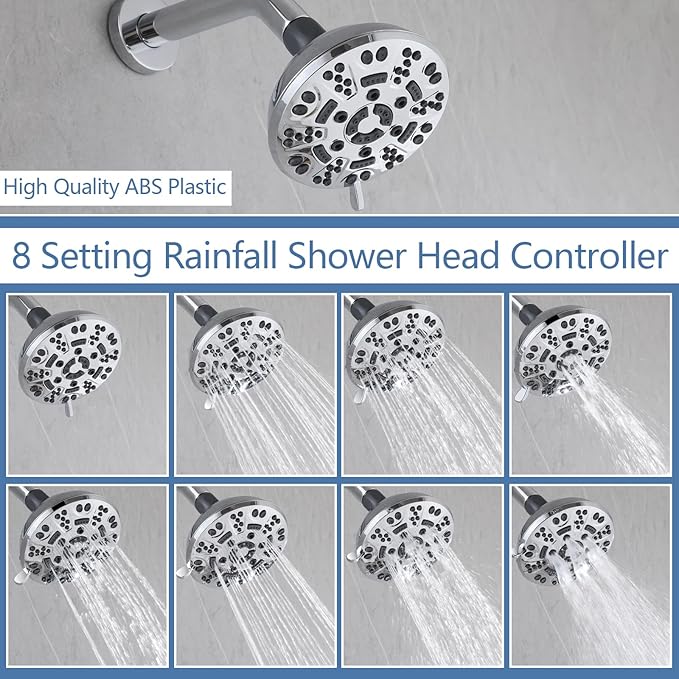 2 Handle Shower Faucet,Wall Mounted Two Handles Shower Faucet Set with 8 Modes Rainfall Shower Head,2 Knobs Single Function Shower Trim Kit with Rough-in Valve,Chrome