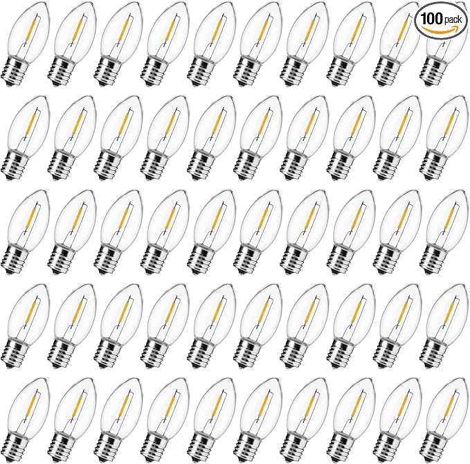 Brightown 100 Pack C9 LED Christmas Light Bulbs, Clear Plastic C9 Shatterproof LED Bulbs Replacement for Christmas String Lights, E17 Intermediate Base, Commercial Dimmable Holiday Bulbs