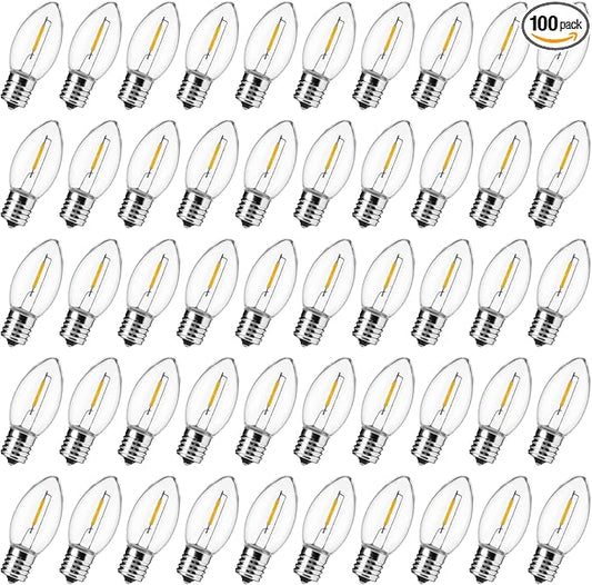 Brightown 100 Pack C9 LED Christmas Light Bulbs, Clear Plastic C9 Shatterproof LED Bulbs Replacement for Christmas String Lights, E17 Intermediate Base, Commercial Dimmable Holiday Bulbs