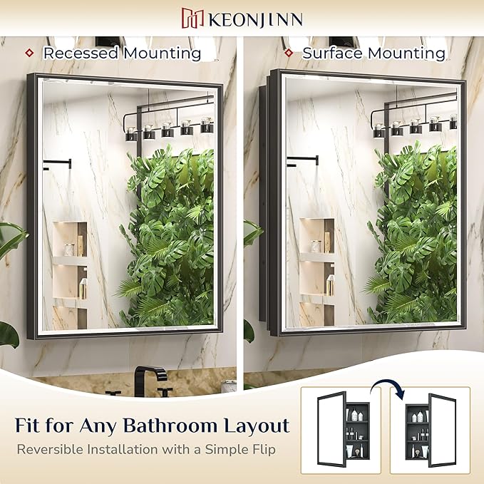 Keonjinn 40” x 30” Black Bathroom Medicine Cabinets with Mirror Recessed or Surface Wall-Mounted Aluminum Alloy Framed Beveled Mirror with Soft Close Hinge, 2 Doors Modern Bathroom Mirror with Storage