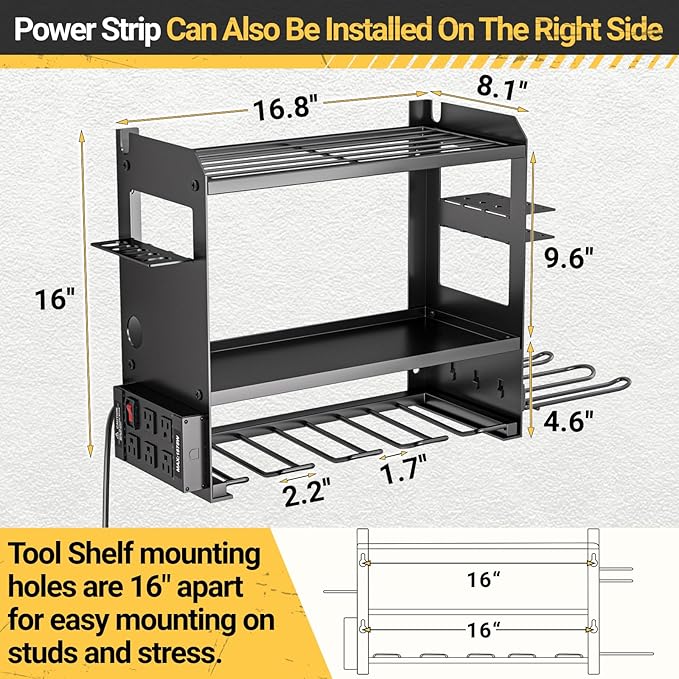 YYR Power Tool Organizer Wall Mount with Charging Station, Cordless Tools Hanger and Battery Storage Rack for Garage Organization, Heavy Duty Drill Holder Shelf Build in Metal Power Strip - Black