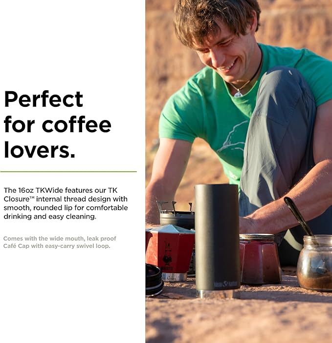 Klean Kanteen TKWide Insulated Coffee Tumbler with Café Cap - Stainless Steel Coffee Tumbler - 16 Oz, Black