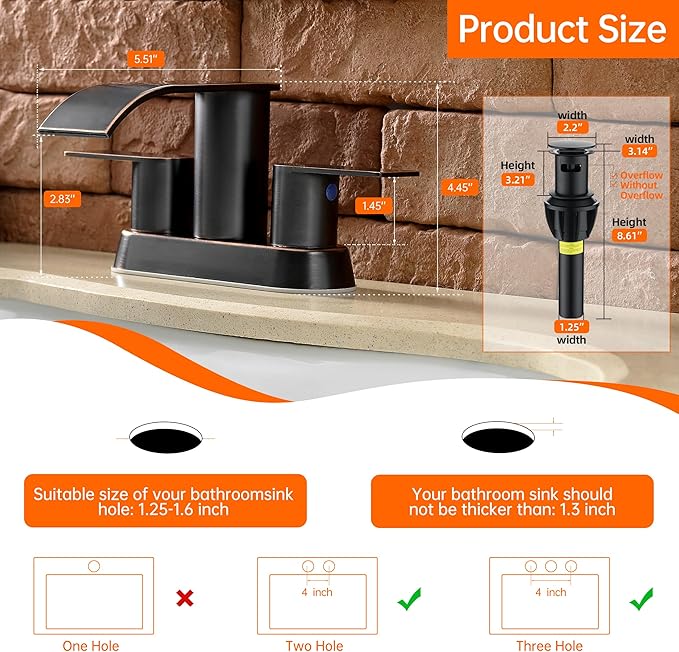 Waterfall Bathroom Sink Faucet 4 Inch Faucet 2 Handle Lead-Free Oil Rubbed Bronze, Bathroom Faucets with Pop Up Drain, 2 or 3 Holes Bathrooms Basin Lavatory Mixer Tap with Deck Mount Plate