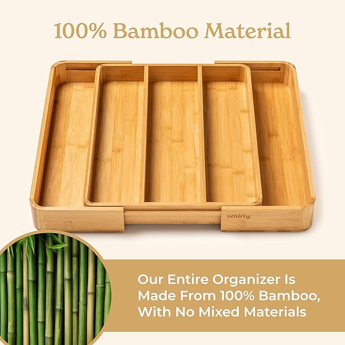 SMIRLY Silverware Drawer Organizer – Bamboo Kitchen Drawer Organizer, Adjustable Utensil Holder and Cutlery Tray, Drawer Dividers for Flatware and Kitchen Utensils