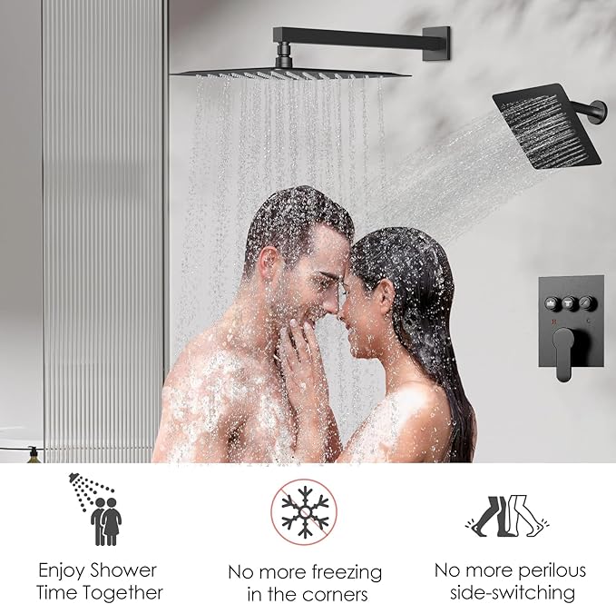 Shower Systems with Rain Shower and Handheld,STARBATH Dual Head 12+6" Rainfall Shower Can Run All Together, Wall Mount Shower Faucet Set with Pressure Balance Valve and Trim Kit, Matte Black