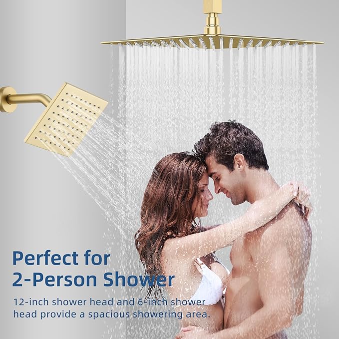 Brushed Gold Thermostatic Shower System with Ceiling 12-Inch Rainfall Shower & Wall Mount 6-Inch High Pressure Shower Head, Dual Shower Heads Set with Handheld Sprayer Full Body Shower Faucet