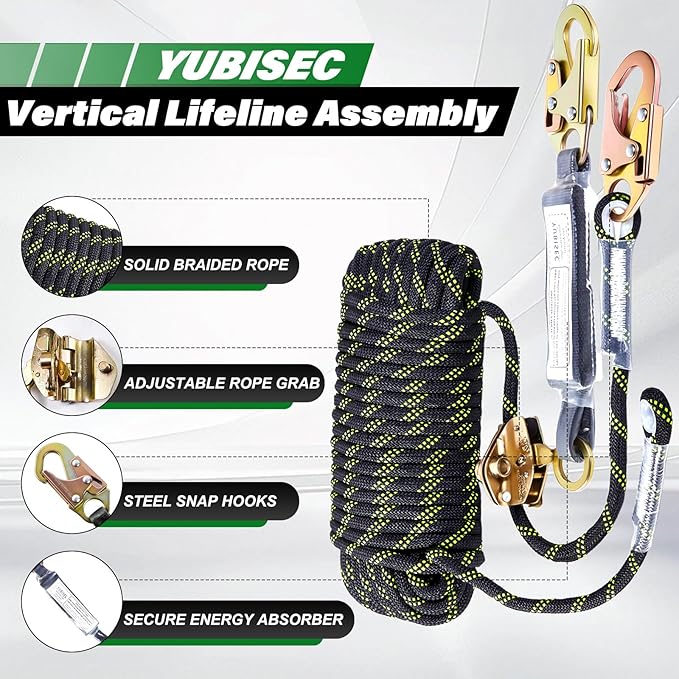 Vertical Lifeline Assembly 25FT, Polyester Rope Harness Safety with Two Grab Snap Hooks Shock Absorber, Fall Protection Safety Rope for Roofing Work, ANSI Compliant