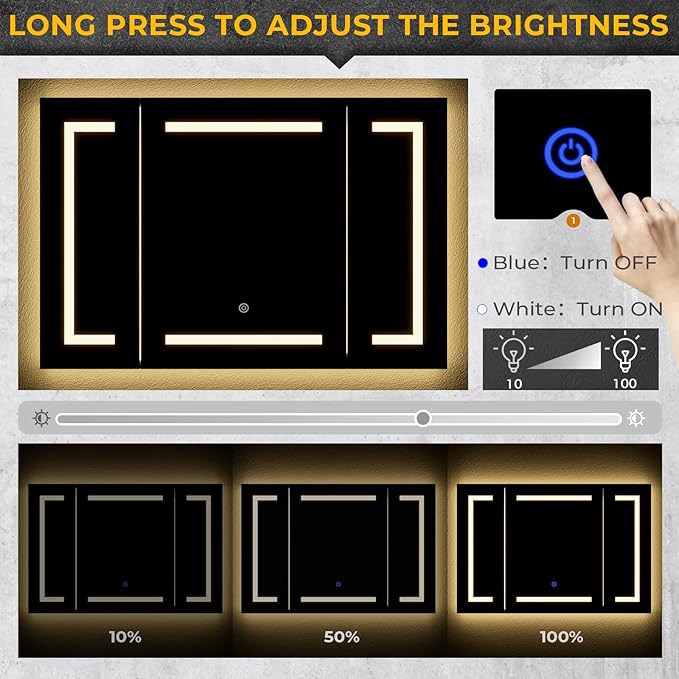 Hasuit Lighted Medicine Cabinet with Mirror, Wall Mounted Bathroom Mirror with Storage, 3 Doors Bathroom Wall Cabinet with LED Lights, 39.4'' x 23.6''