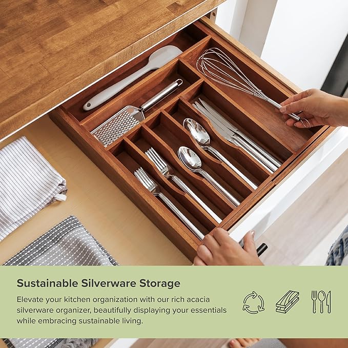 KitchenEdge Premium Silverware, Flatware and Utensil Organizer for Kitchen Drawers, Food-Safe Contract Grade, Expandable from 16 to 28 In, Natural Acacia