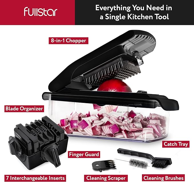 Fullstar Vegetable Chopper - Food Chopper - Onion Chopper - Vegetable Slicer & Spiralizer - Veggie Chopper with Container - Kitchen Gadgets - Home Essentials - Kitchen Accessories (8 in 1, Black)