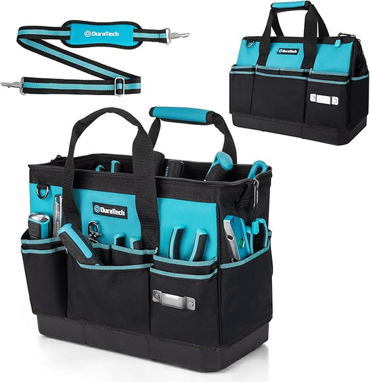 DURATECH 16-Inch Heavy Duty Tool Bag with Waterproof Hard Bottom, Tool Bag Organizer Wide Open Mouth with 18 Pockets, Portable Toolbag for Men Mechanic Electrician Plumber HVAC