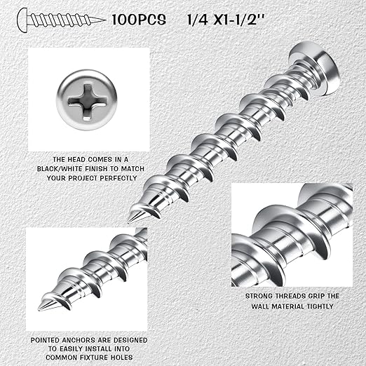 Blulu 100 Pcs Drywall Anchors 1/4 x 1-1/2 Inch Silver Pan Head Alloy Steel Light Wall Anchors Heavy Duty Self Drilling Screws for Drywall, Wood and Other Masonry Materials