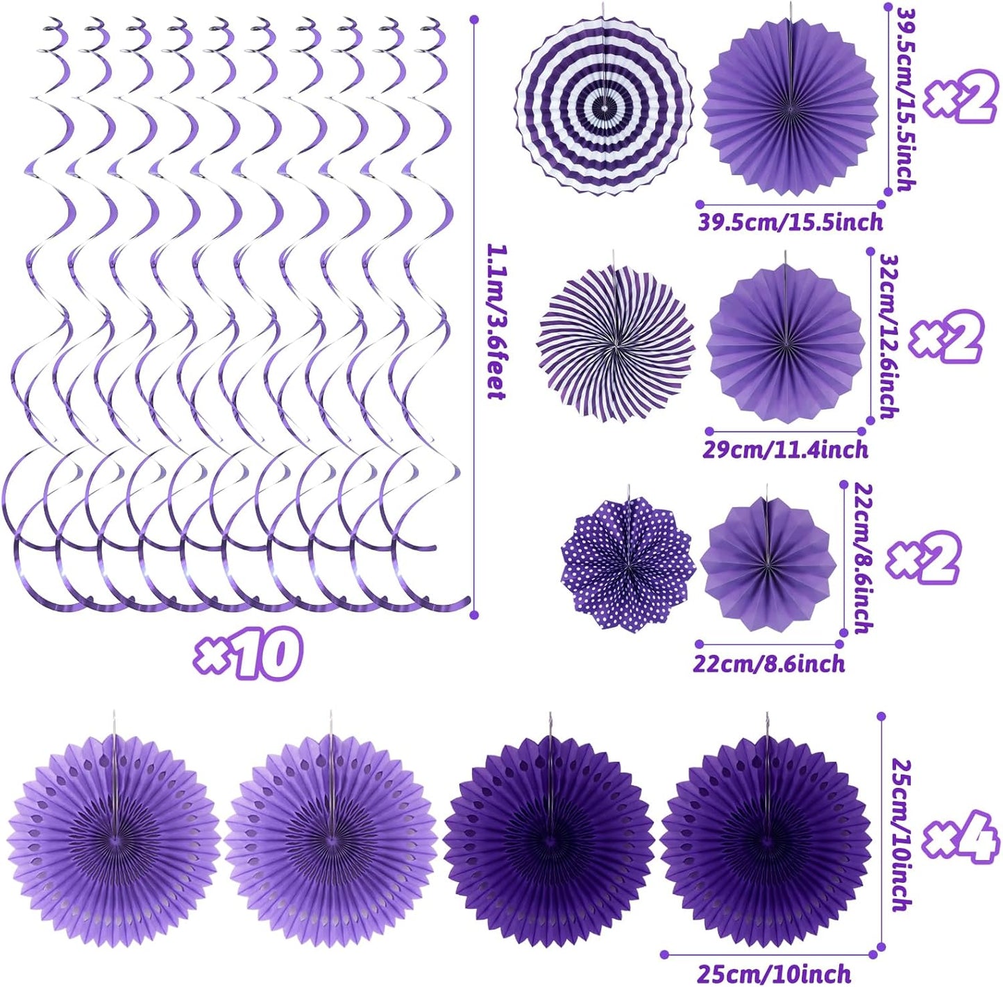 Purple Party Decorations, Birthday Party Supplies Easy Assembly Paper Fan Honeycomb Ball Garland Hanging Swirl for Graduation Birthday Baby Shower Bridal Shower Wedding Party Decorations