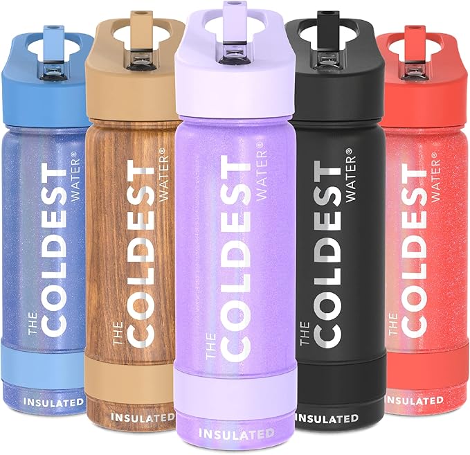 Coldest Sports Water Bottle - Straw Lid Bottle with Handle Leak Proof, Vacuum Insulated Stainless Steel, Double Walled, Thermo Mug, Metal | Saturns Purple 18 oz