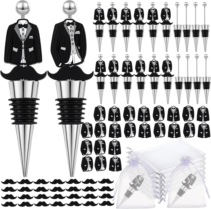 Wedding Beadable Wine Bottle Stopper Bulk Groomsmen Wine Stopper Stainless Steel Beer Corker with Silicone Beard Bead Sheer Bag Wedding Bridal Shower Favor for Guest Engagement Party(36 Set)