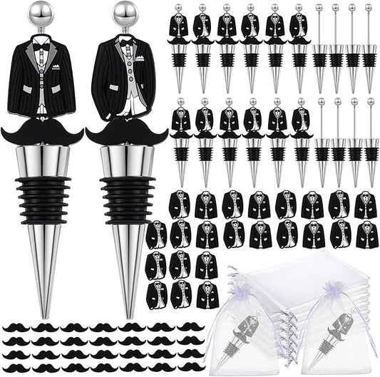 Wedding Beadable Wine Bottle Stopper Bulk Groomsmen Wine Stopper Stainless Steel Beer Corker with Silicone Beard Bead Sheer Bag Wedding Bridal Shower Favor for Guest Engagement Party(36 Set)